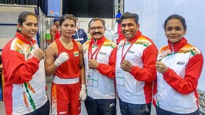India's boxer Nikhat Zareen poses with her coaches after entering the finals of the 73rd Strandja Memorial Boxing Tournament in Sofia, Bulgaria. (PTI) India's boxer Nikhat Zareen poses with her coaches after entering the finals of the 73rd Strandja Memorial Boxing Tournament in Sofia, Bulgaria. (PTI)