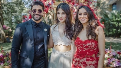 Rhea Chakraborty with Farhan Akhtar and Shibani Dandekar. Rhea Chakraborty with Farhan Akhtar and Shibani Dandekar.