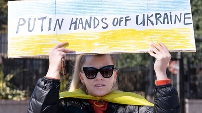 People protest the Russian invasion of Ukraine outside of the Russian Embassy in Washington, Sunday, Feb. 27, 2022. (AP) People protest the Russian invasion of Ukraine outside of the Russian Embassy in Washington, Sunday, Feb. 27, 2022. (AP)