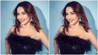 In diamond earrings from the house of Mahesh Notandass Fine Jewellery and sequined black stilettos, Madhuri aced her look to perfection. (Instagram/@madhuridixitnene)