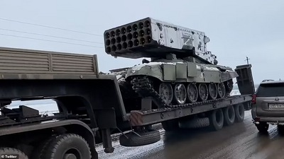 Russia moving TOS-1 heavy flamethrower, capable of firing thermobaric weapon, for use in Ukraine theatre. Russia moving TOS-1 heavy flamethrower, capable of firing thermobaric weapon, for use in Ukraine theatre.