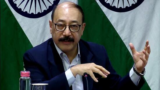 Foreign Secretary Harsh Vardhan Shringla addresses a press conference in New Delhi on Sunday. (ANI PHOTO.)