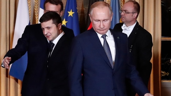 File photo of Russian President Vladimir Putin with his Ukrainian President Volodymyr Zelenskyy at the Elysee Palace in Paris.(AP)