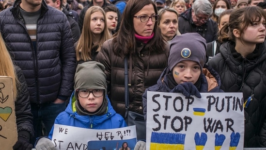 Protestors take part in a demonstration against Russia's invasion of Ukraine at the Venceslas square in Prague, Czech Republic.(AFP)