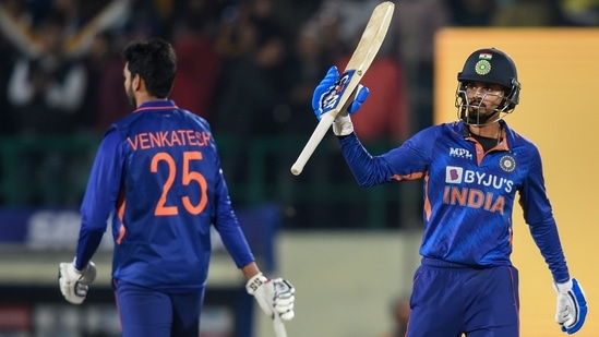 Indian batsman Shreyas Iyer celebrates after scoring a half-century, during the 3rd T20 cricket match between India and Sri Lanka, at HPCA stadium, in Dharamshala,.(PTI)