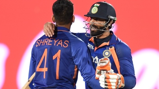 Ravindra Jadeja and Shreyas Iyer greet each other after India won the 3rd T20 cricket match against Sri Lanka,&nbsp;(PTI)