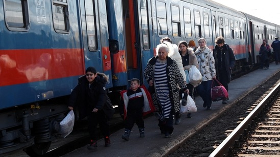 People fleeing from Ukraine to Hungary arrive at the train station in Zahony, Hungary.(REUTERS)