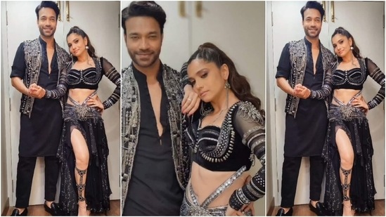 Ankita Lokhande and Vicky Jain in black embellished ensembles.&nbsp;