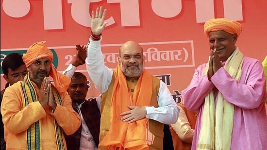 Union home minister Amit Shah at a rally for the UP polls in Phephna area of Ballia on Sunday. (ANI PHOTO)