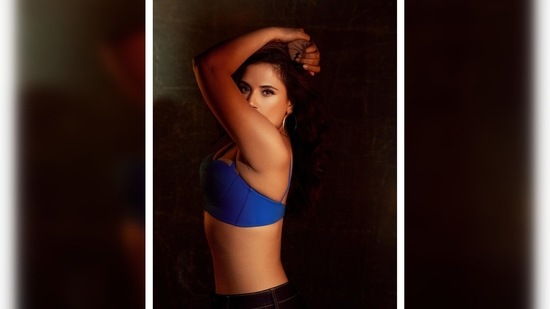 Richa Chadha struck boss lady poses in a blue strappy bralette which she paired with a dark coloured unbottoned denim.(Instagram/@therichachadha)