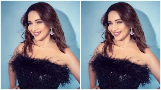 In diamond earrings from the house of Mahesh Notandass Fine Jewellery and sequined black stilettos, Madhuri aced her look to perfection.(Instagram/@madhuridixitnene)