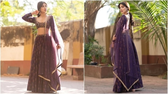 Rhea attends Farhan and Shibani's wedding festivities in a purple lehenga set.&nbsp;