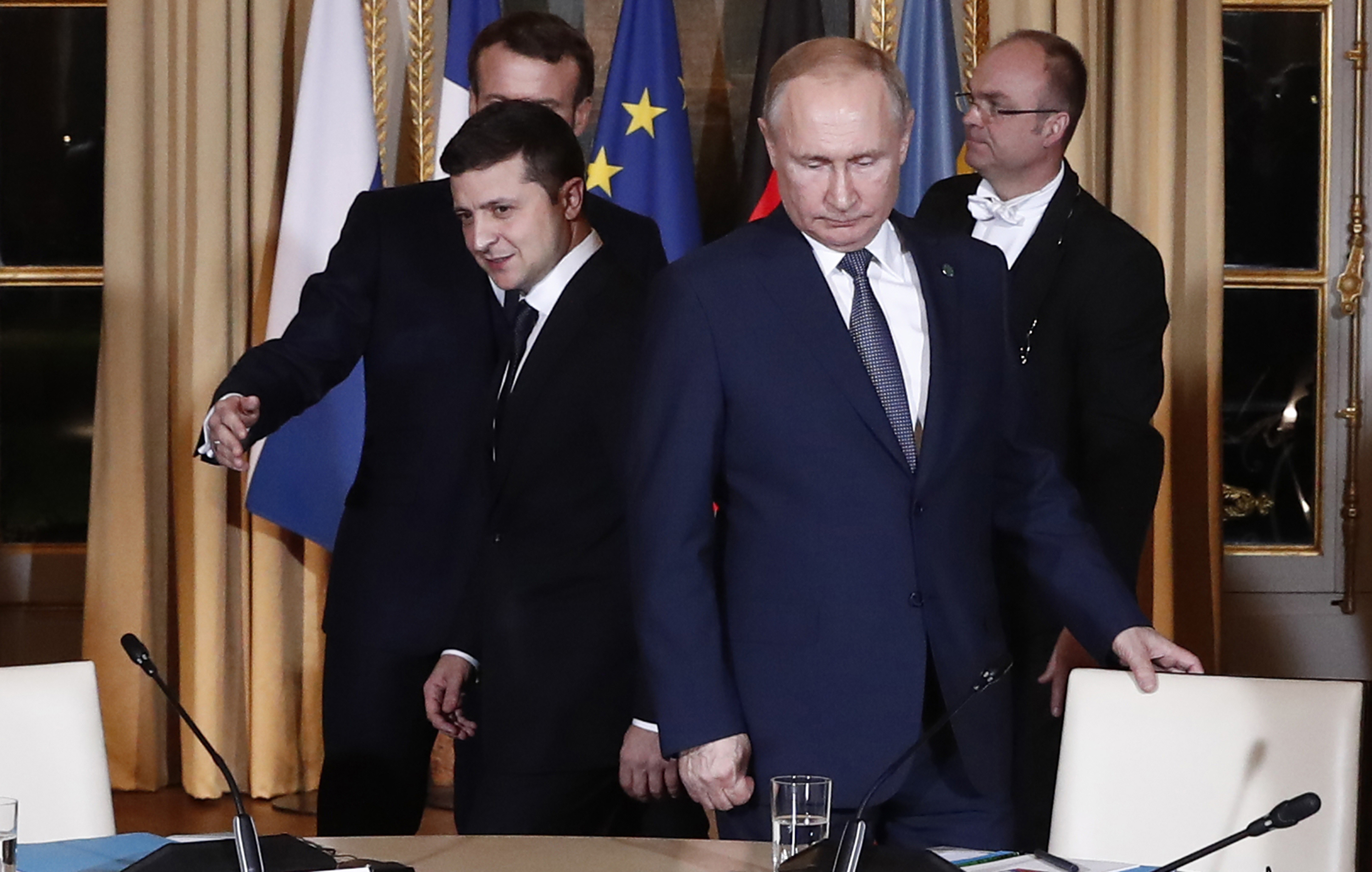 File photo of Russian President Vladimir Putin with his Ukrainian President Volodymyr Zelenskyy at the Elysee Palace in Paris. (AP)