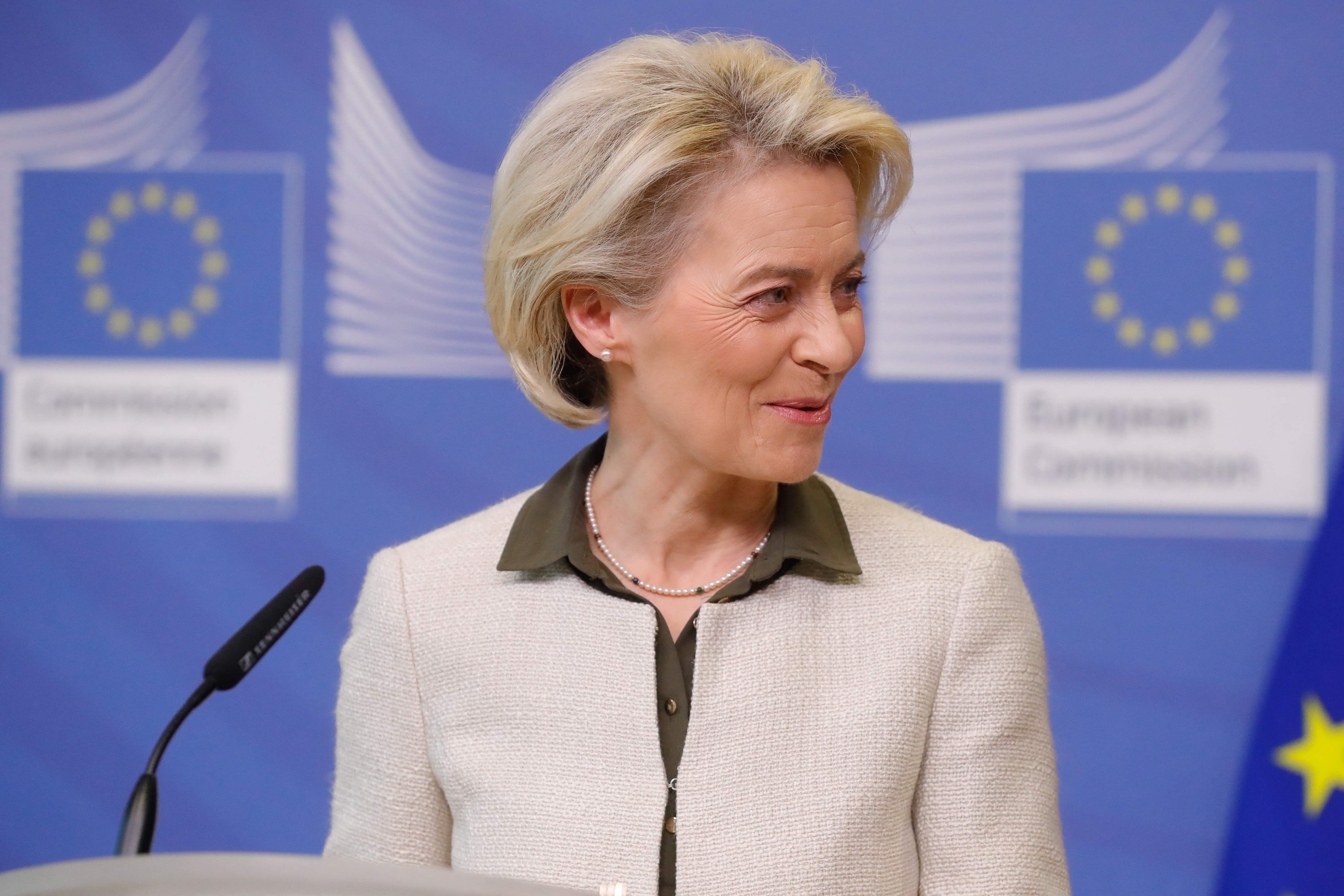 European Commission President Ursula von der Leyen addresses the media on further measures to respond to the Russian invasion of Ukraine. (AFP) European Commission President Ursula von der Leyen addresses the media on further measures to respond to the Russian invasion of Ukraine. (AFP)