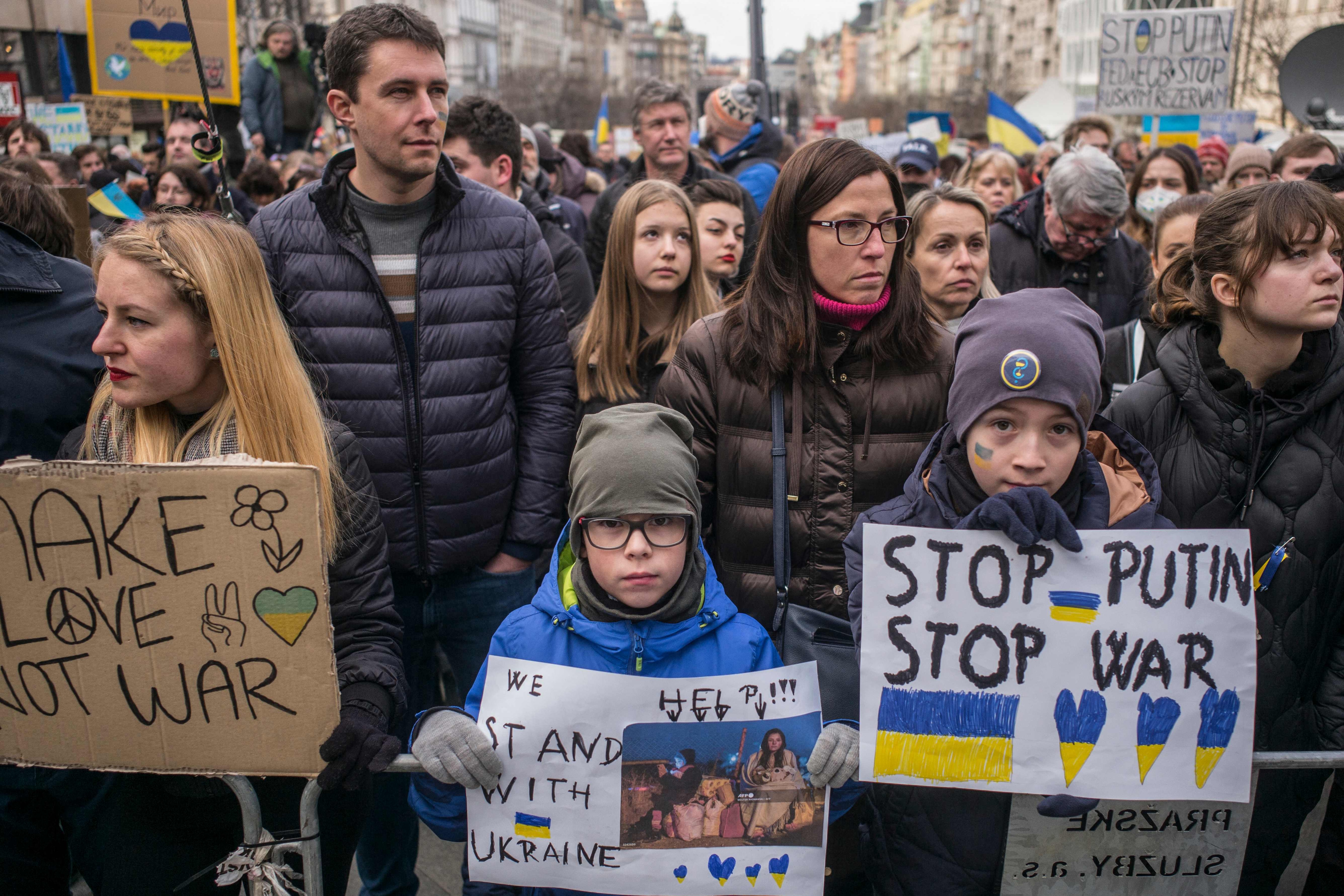 Protestors take part in a demonstration against Russia's invasion of Ukraine at the Venceslas square in Prague, Czech Republic. (AFP) Protestors take part in a demonstration against Russia's invasion of Ukraine at the Venceslas square in Prague, Czech Republic. (AFP)