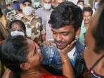 Parents greet their children, evacuated from crisis-hit Ukraine, upon their arrival at the airport, in Chennai on Sunday. (PTI) Parents greet their children, evacuated from crisis-hit Ukraine, upon their arrival at the airport, in Chennai on Sunday. (PTI)