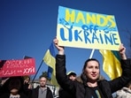 Demonstrators gather to protest Russia�s invasion of Ukraine outside the Russian Embassy in Washington, DC.(AFP) Demonstrators gather to protest Russia�s invasion of Ukraine outside the Russian Embassy in Washington, DC.(AFP)