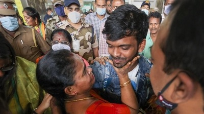 Parents greet their children, evacuated from crisis-hit Ukraine, upon their arrival at the airport, in Chennai on Sunday. (PTI) Parents greet their children, evacuated from crisis-hit Ukraine, upon their arrival at the airport, in Chennai on Sunday. (PTI)
