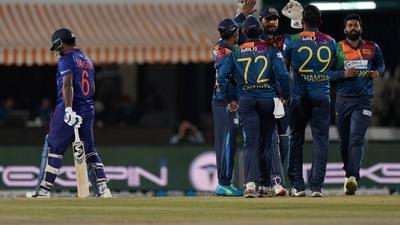 Sri Lankan players celebrate fall of Indian wicket in third and final T20 International (AP) Sri Lankan players celebrate fall of Indian wicket in third and final T20 International (AP)