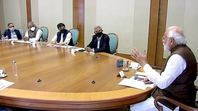 Prime Minister Narendra Modi chairs a high-level meeting on the Ukraine crisis with external affairs minister S Jaishankar in New Delhi on Monday (ANI)