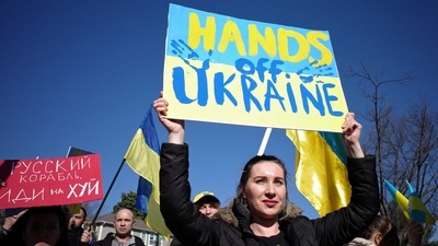 Demonstrators gather to protest Russia�s invasion of Ukraine outside the Russian Embassy in Washington, DC. (AFP) Demonstrators gather to protest Russia�s invasion of Ukraine outside the Russian Embassy in Washington, DC. (AFP)