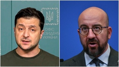 Ukrainian president Volodymyr Zelensky (left) and European Union official Charles Michel (AP, AFP)