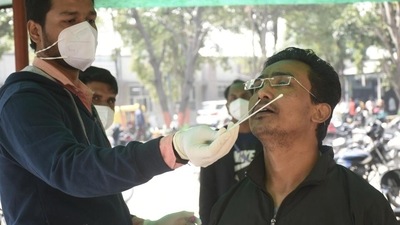 A health worker collects swab samples for Covid-19 test. (Sakib Ali /HT)