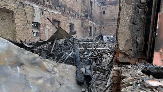 This photograph shows a view of a school destroyed as a result of fight not far from the center of Ukrainian city of Kharkiv, located some 50 km from Ukrainian-Russian border on Monday(AFP)