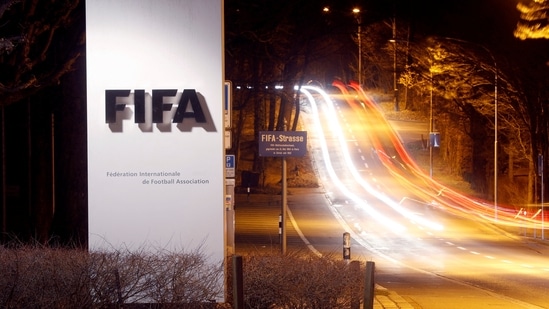 A long exposure shows FIFA's logo near its headquarters in Zurich(REUTERS)