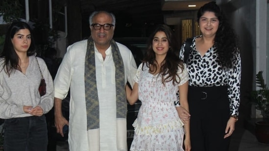 Khushi Kapoor, Boney Kapoor, Janhvi Kapoor and Anshula Kapoor at Valimai screening on Sunday. (Varinder Chawla)