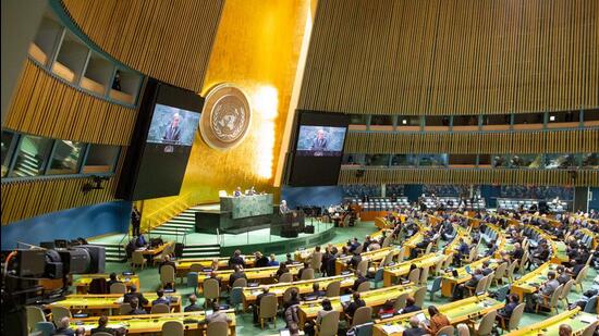 UN Secretary-General Antonio Guterres speaks on the Russia-Ukraine conflict at the General Assembly emergency special session in New York, on Monday. (AFP)