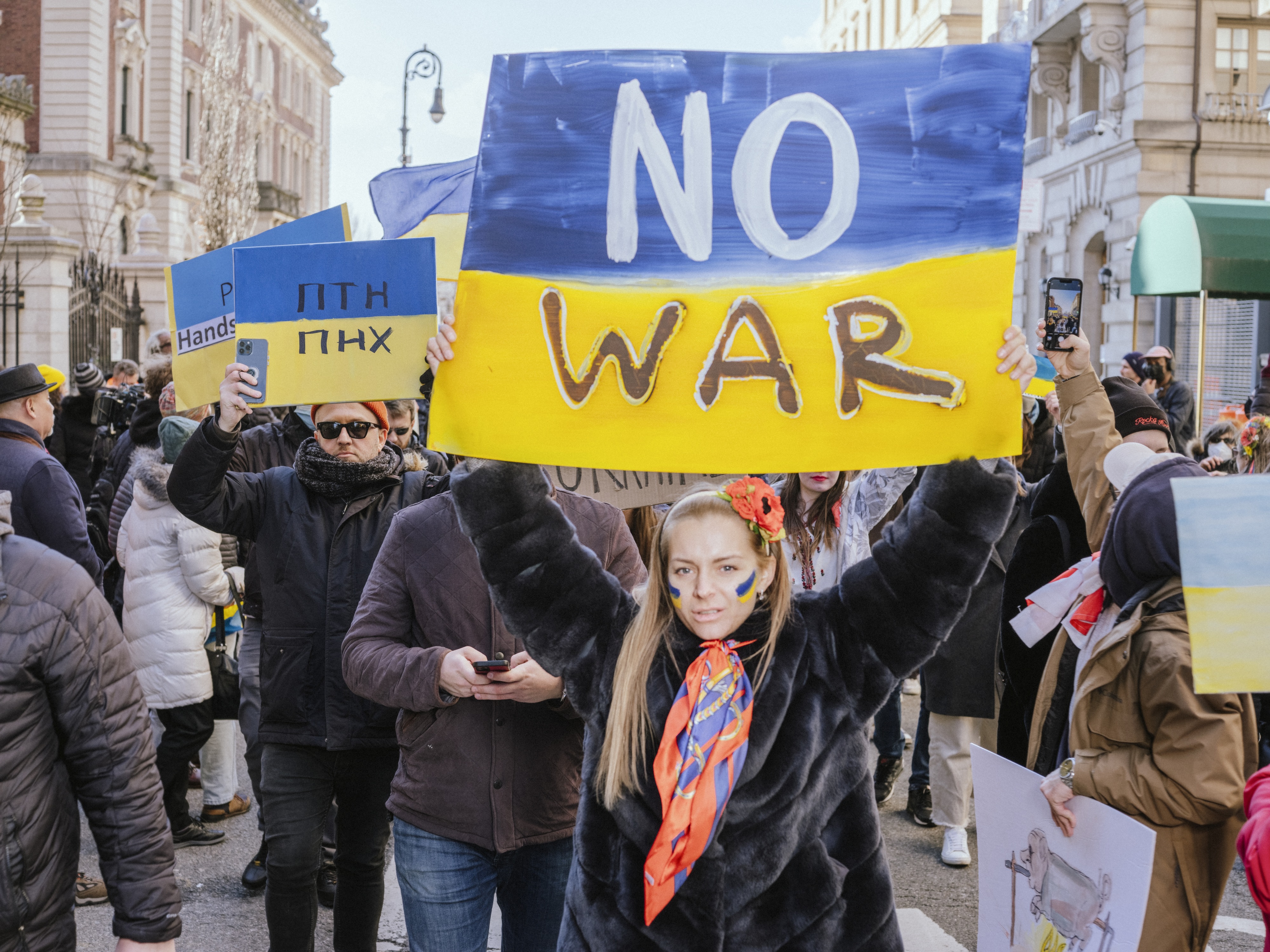 Demonstrators during a protest against the Russian invasion of Ukraine outside the Russian embassy in New York on Sunday, Feb. 27, 2022. (Bloomberg) Demonstrators during a protest against the Russian invasion of Ukraine outside the Russian embassy in New York on Sunday, Feb. 27, 2022. (Bloomberg)