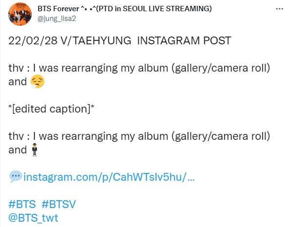 Fan translated V's Instagram caption.