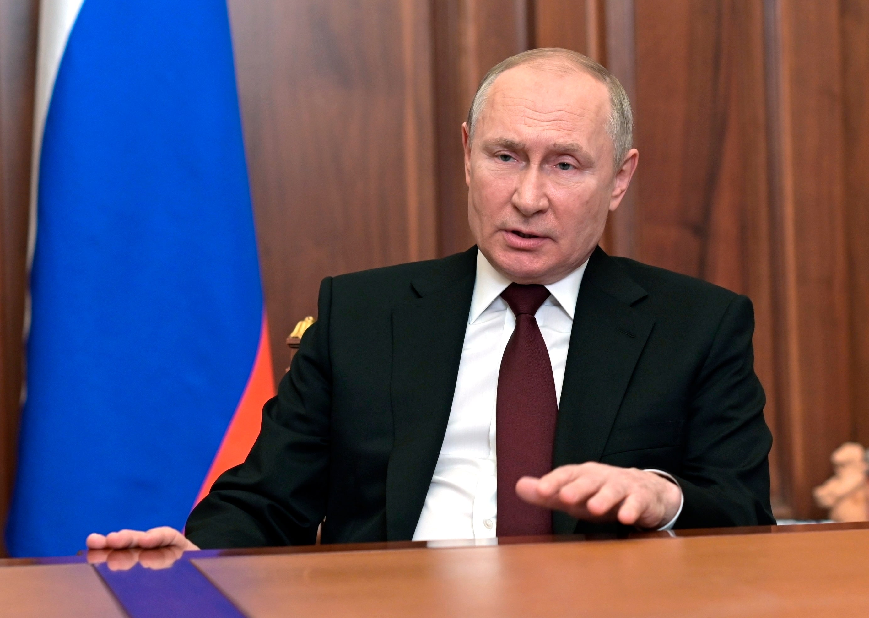 Russian President Vladimir Putin addresses the nation in the Kremlin in Moscow. (AP) Russian President Vladimir Putin addresses the nation in the Kremlin in Moscow. (AP)