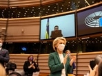 European Commission president Ursula von der Leyen applauds after an address by Ukraine's President Volodymyr Zelenskyy, via video link, during an extraordinary session on Ukraine at the European Parliament in Brussels, Tuesday, March 1, 2022. (AP Photo/Virginia Mayo) European Commission president Ursula von der Leyen applauds after an address by Ukraine's President Volodymyr Zelenskyy, via video link, during an extraordinary session on Ukraine at the European Parliament in Brussels, Tuesday, March 1, 2022. (AP Photo/Virginia Mayo)