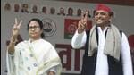 Lucknow, India – February 08, 2022: West Bengal chief minister Mamata Banarjee along with Samajwadi Party national president Akhilesh Yadav gesture during the joint press conference appealing to voters to support Samajwadi Party (SP) during Uttar Pradesh Assembly Election campaign at the party state headquarters in Lucknow, Uttar Pradesh, India on Tuesday, February 08, 2022. (Photo by Deepak Gupta/Hindustan Times) Lucknow, India – February 08, 2022: West Bengal chief minister Mamata Banarjee along with Samajwadi Party national president Akhilesh Yadav gesture during the joint press conference appealing to voters to support Samajwadi Party (SP) during Uttar Pradesh Assembly Election campaign at the party state headquarters in Lucknow, Uttar Pradesh, India on Tuesday, February 08, 2022. (Photo by Deepak Gupta/Hindustan Times)
