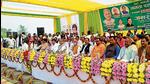 Janata Dal (United) leaders at a rally in Malhani for the UP polls. (HT PHOTO)