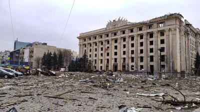 The damaged headquarters of the Kharkiv administration due to shelling by Russian military on Tuesday. (AFP Photo) The damaged headquarters of the Kharkiv administration due to shelling by Russian military on Tuesday. (AFP Photo)