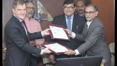 The agreement was signed on Monday by Christoph Schnellman, chief executive officer of YIAPL, and Anil Pathak, member (planning), AAI. (Sourced) The agreement was signed on Monday by Christoph Schnellman, chief executive officer of YIAPL, and Anil Pathak, member (planning), AAI. (Sourced)