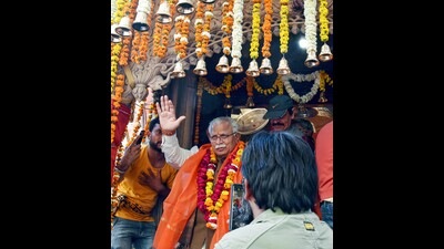 Haryana CM Manohar Lal Khattar during a 'shobhayatra' organised on the occasion of 'Mahashivratri' in Karnal on Tuesday. (PTI) Haryana CM Manohar Lal Khattar during a 'shobhayatra' organised on the occasion of 'Mahashivratri' in Karnal on Tuesday. (PTI)