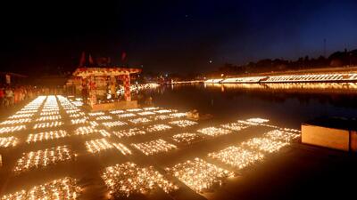 Earthen lamps lit up at the banks of the Kshipra river as part of the ‘Shiv Jyoti Arpanam Mahotsava’ on the occasion of Maha Shivaratri', in Ujjain on Tuesday. Ujjain created a Guinness record by lighting 11.71 lakh clay lamps. (ANI) Earthen lamps lit up at the banks of the Kshipra river as part of the ‘Shiv Jyoti Arpanam Mahotsava’ on the occasion of Maha Shivaratri', in Ujjain on Tuesday. Ujjain created a Guinness record by lighting 11.71 lakh clay lamps. (ANI)