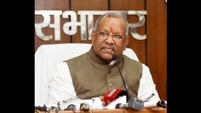 Bihar deputy chief minister Tarkishore Prasad addresses a press conference after presenting the state Budget in Patna on Monday. (Santosh Kumar/HT Photo) Bihar deputy chief minister Tarkishore Prasad addresses a press conference after presenting the state Budget in Patna on Monday. (Santosh Kumar/HT Photo)