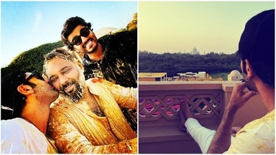 Arjun Kapoor posted pictures of Ranbir Kapoor kissing Luv Ranjan's cheek and enjoying the view of the Taj Mahal. Arjun Kapoor posted pictures of Ranbir Kapoor kissing Luv Ranjan's cheek and enjoying the view of the Taj Mahal.