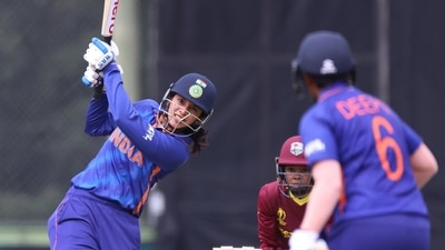 Smriti Mandhana in action against West Indies in warm-up match ahead of ICC Women's World Cup. (Twitter/BCCIWomen)