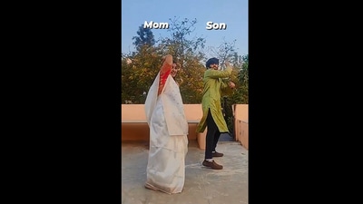 The image, taken from the Instagram video, shows the mom and son grooving to Dholida from Alia Bhatt’s Gangubai Kathiawadi. (Instagram/@lohi_ravi)