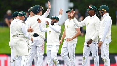 South Africa players celebrate the wicket of Kyle Jamieson during Day 5 of the second Test against New Zealand at Hagley Oval in Christchurch. (AP) South Africa players celebrate the wicket of Kyle Jamieson during Day 5 of the second Test against New Zealand at Hagley Oval in Christchurch. (AP)
