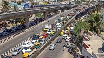 Bengaluru: Heavy traffic on the Mysore road during Karnataka Pradesh Congress Committe's 'padayatra' from Mekedatu to Bengaluru to demand the implemention of Mekedatu Water Project, in Bengaluru, Tuesday, March 1, 2022. (PTI Photo)(PTI03_01_2022_000259B) (PTI)