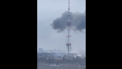 Kyiv's main television tower attacked by Russian forces. (Screengrab)