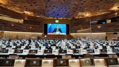 Russian Foreign Minister Sergei Lavrov's pre-recorded video message is played to a near-empty hall, after a walkout in protest of Russia's invasion of Ukraine, at the 49th UN Human Rights Council in Geneva. (Kristoffer Jonsson via REUTERS)