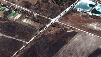 This satellite image provided by Maxar Technologies shows military convoy northwest of Invankiv, Ukraine. (AP)